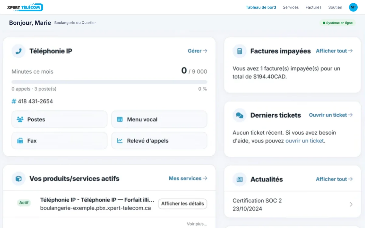 Tableau de bord du portail client