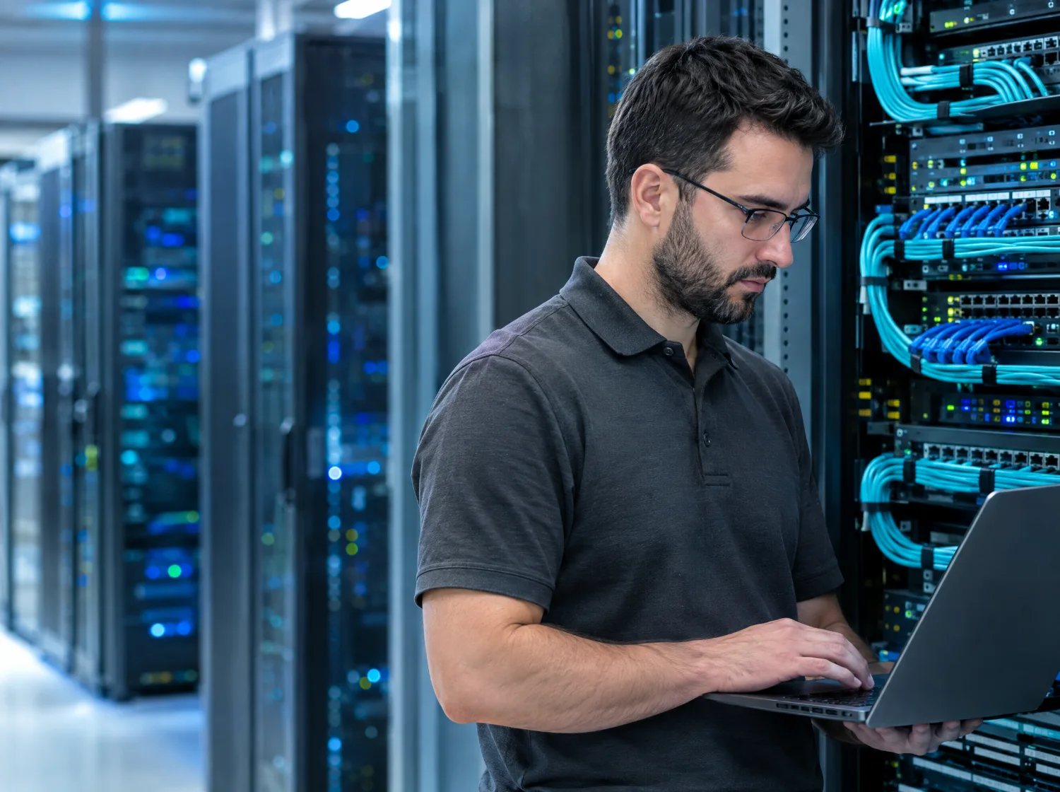 Technicien Xpert Télécom dans une salle de serveurs