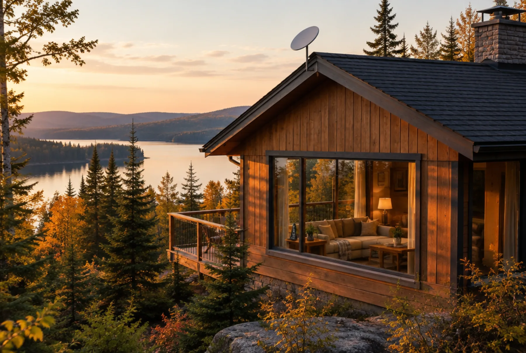 Chalet au bord d’un lac au Québec branché sur Internet par satellite